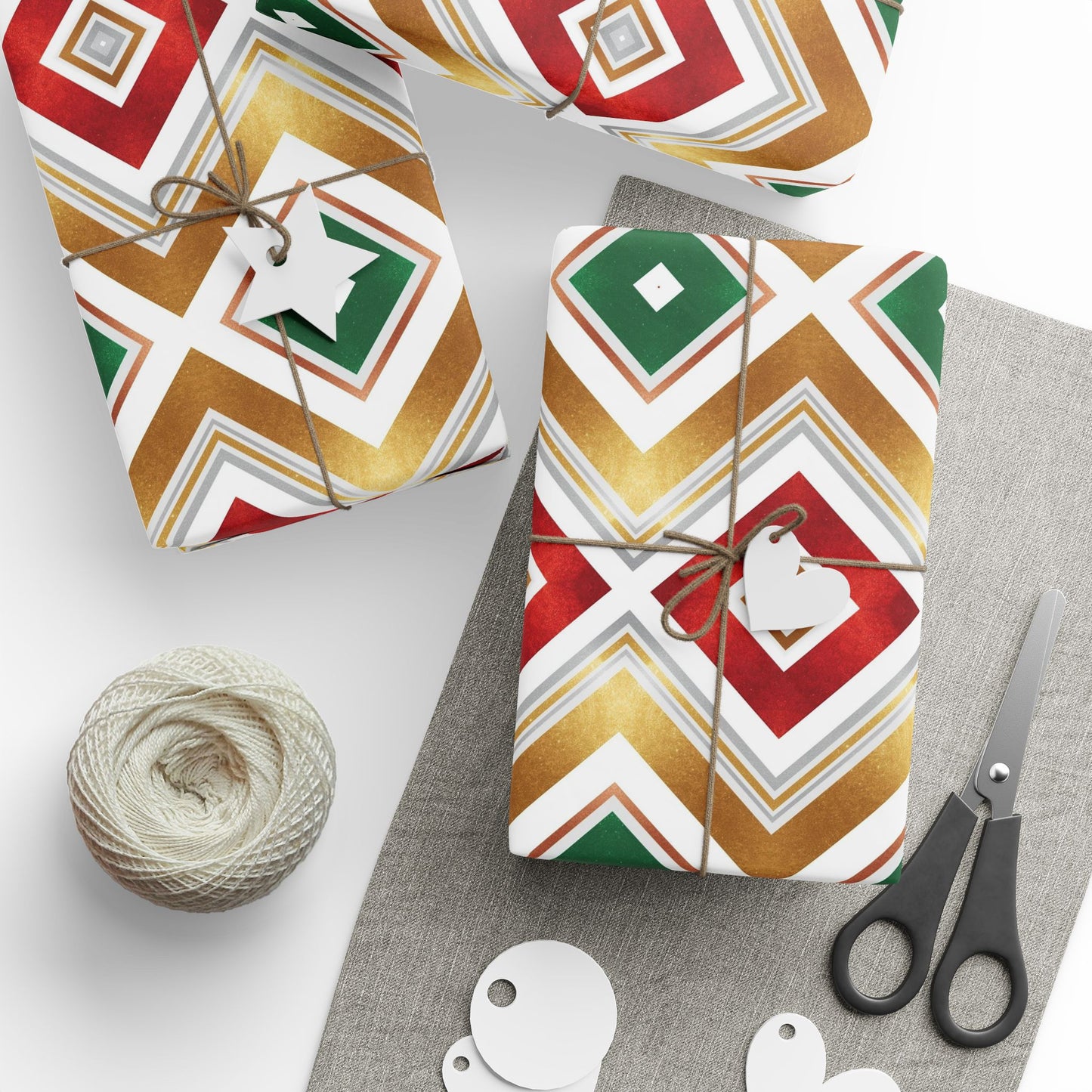Retro Geometric Holiday Wrapping Paper | Red, Green & Gold Diamond Pattern | Modern Christmas Gift Wrap
