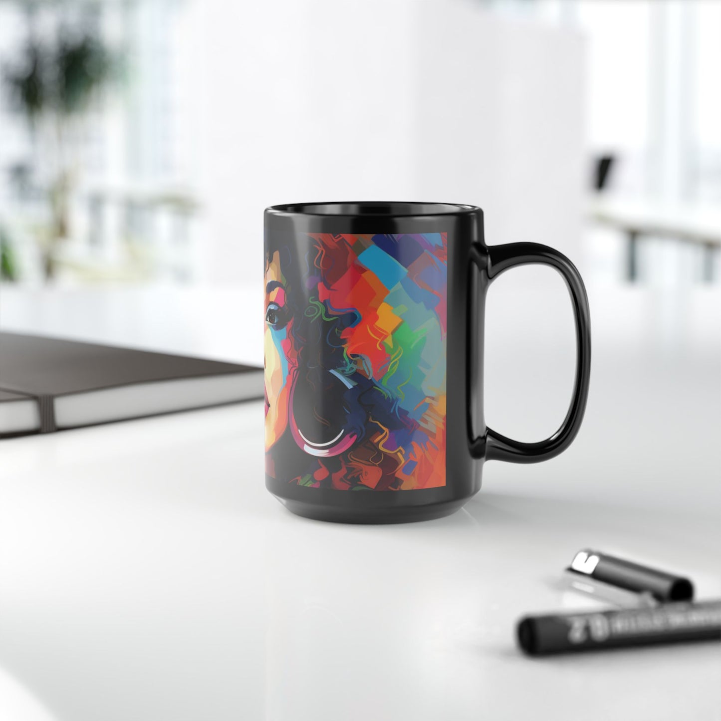 Vibrant Afrocentric 15oz Black Mug - Colorful Portrait Design