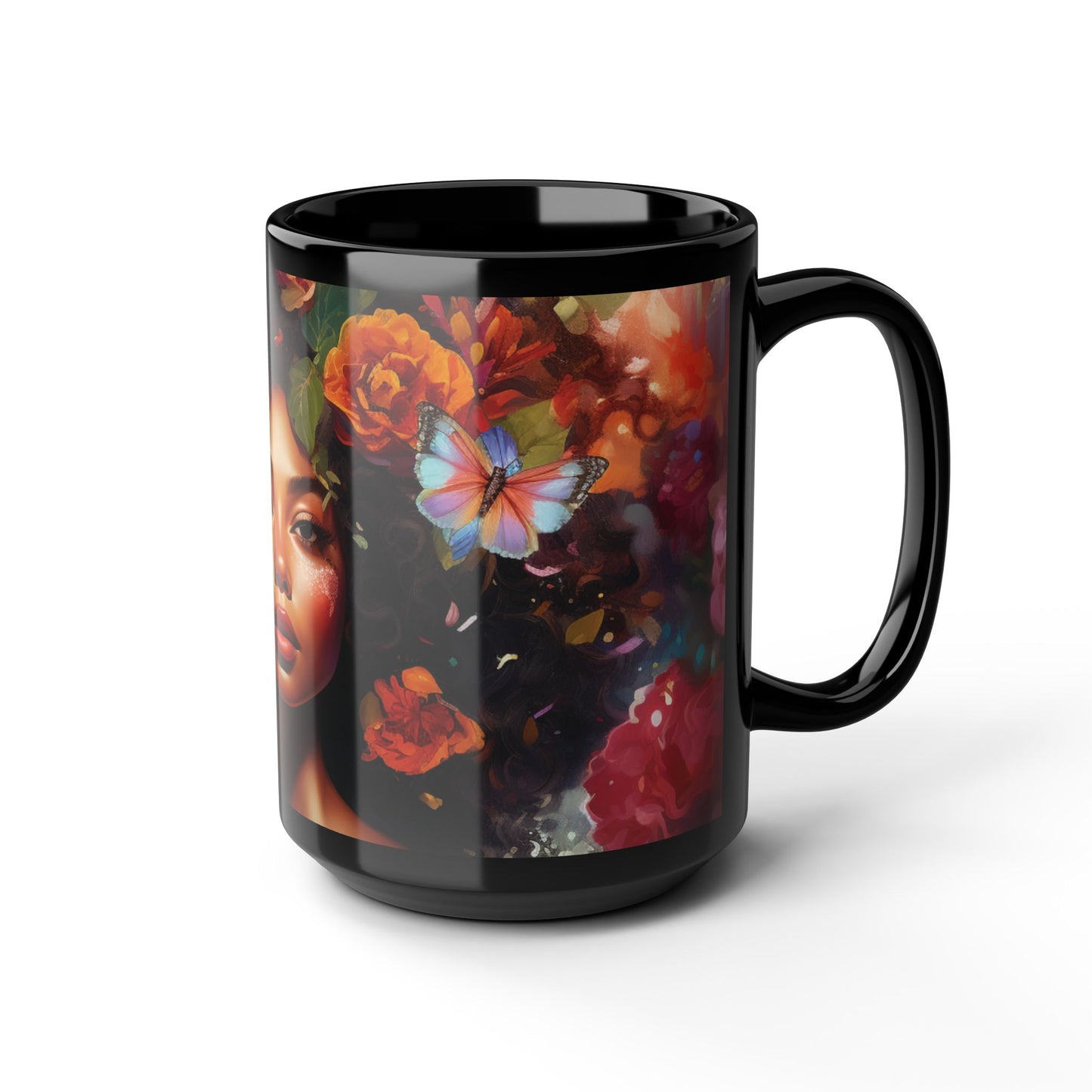 Floral Art Black Mug - 15oz Coffee Cup with Butterfly Design