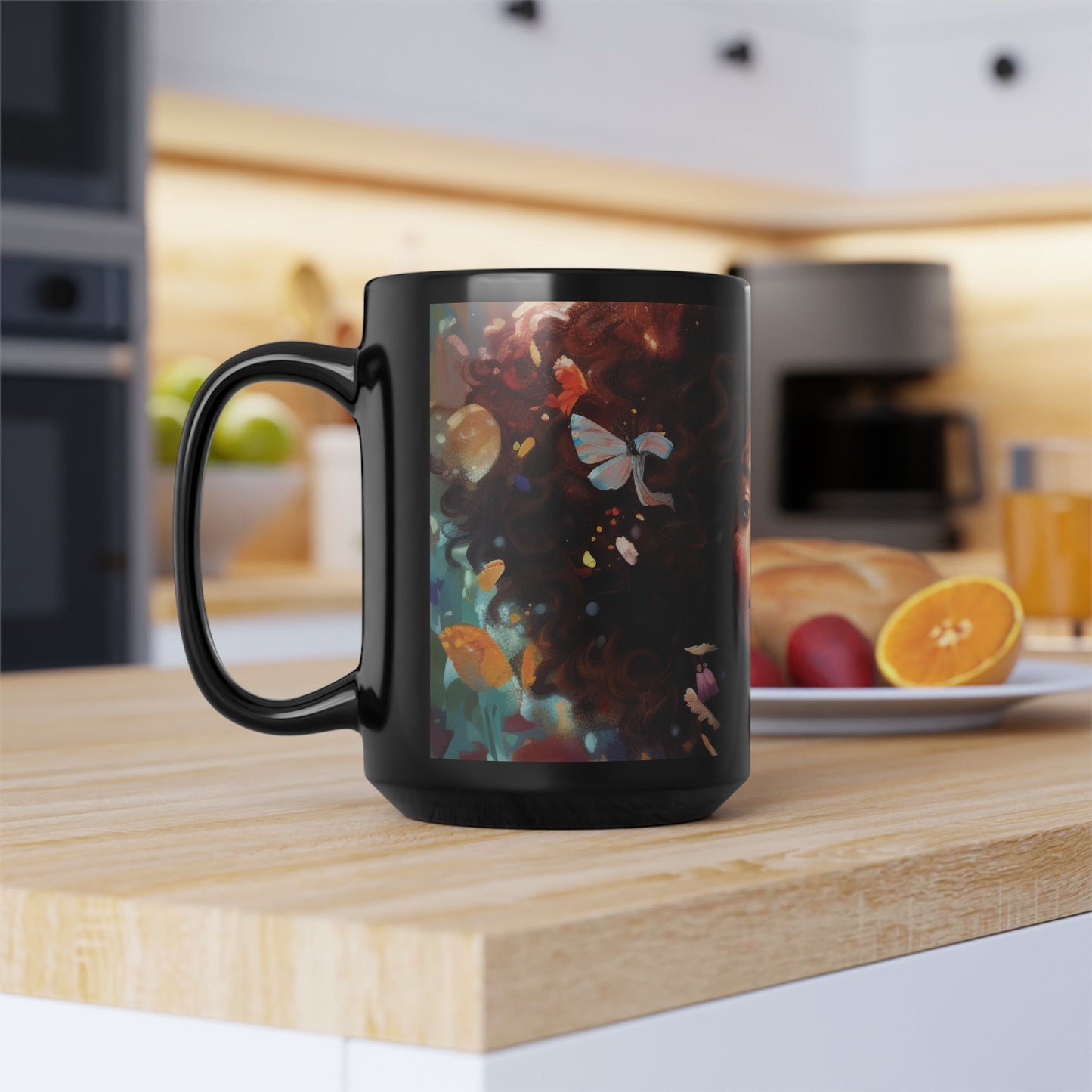 Floral Art Black Mug - 15oz Coffee Cup with Butterfly Design