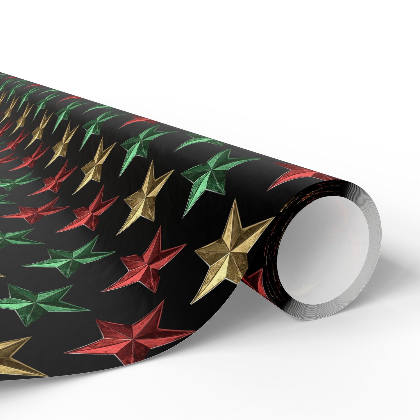 Metallic Star Holiday Wrapping Paper | Red, Green & Gold Stars on Black | Festive Christmas Gift Wrap