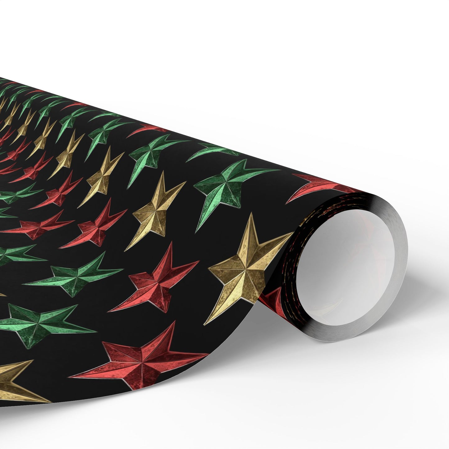 Metallic Star Holiday Wrapping Paper | Red, Green & Gold Stars on Black | Festive Christmas Gift Wrap