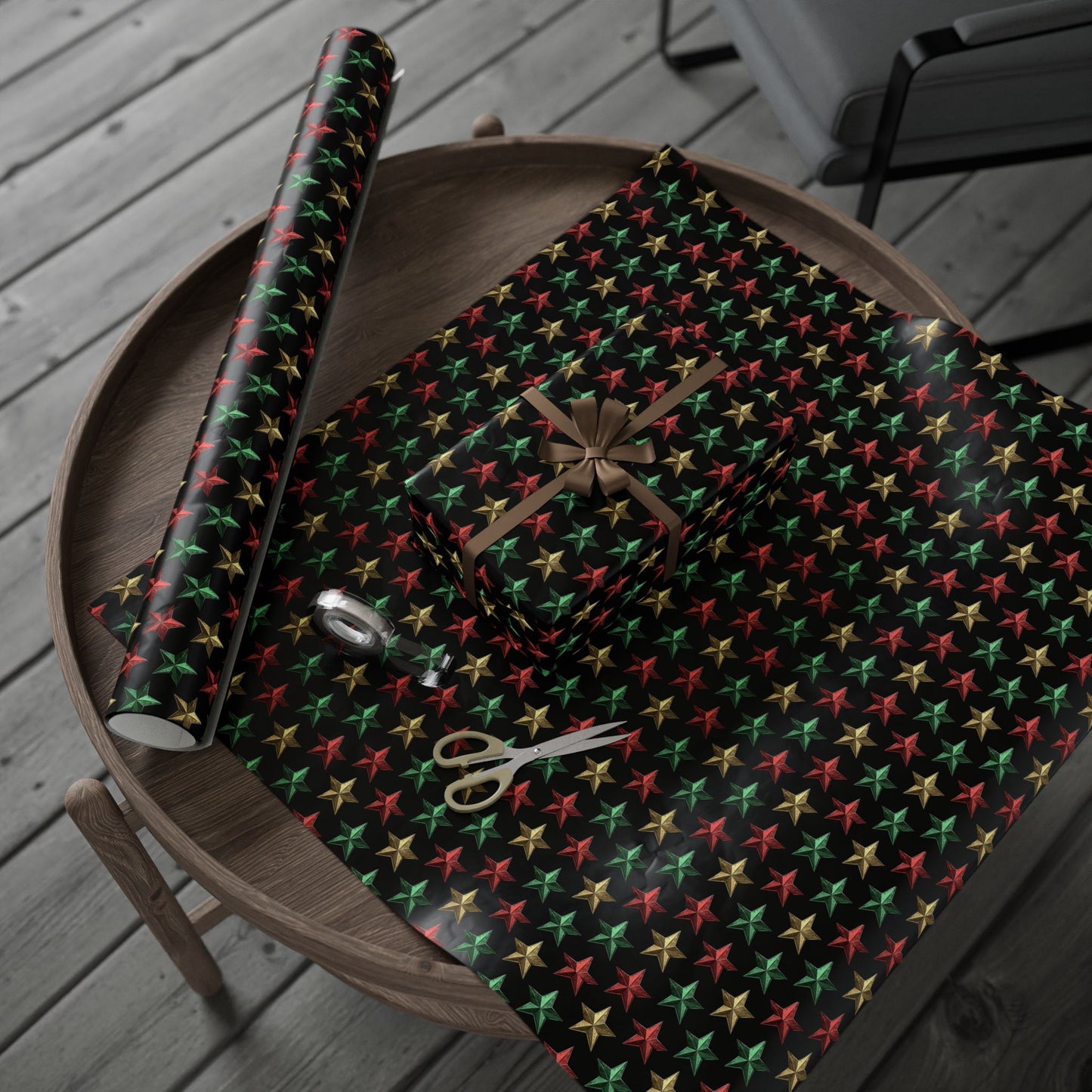 Metallic Star Holiday Wrapping Paper | Red, Green & Gold Stars on Black | Festive Christmas Gift Wrap