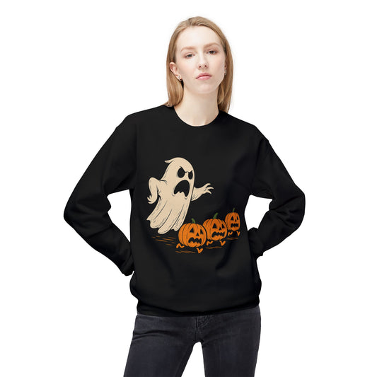 Halloween Ghost Sweatshirt, Cozy Fleece Crewneck, Unisex Fall Apparel, Pumpkin Patch Party, Spooky Season Gift