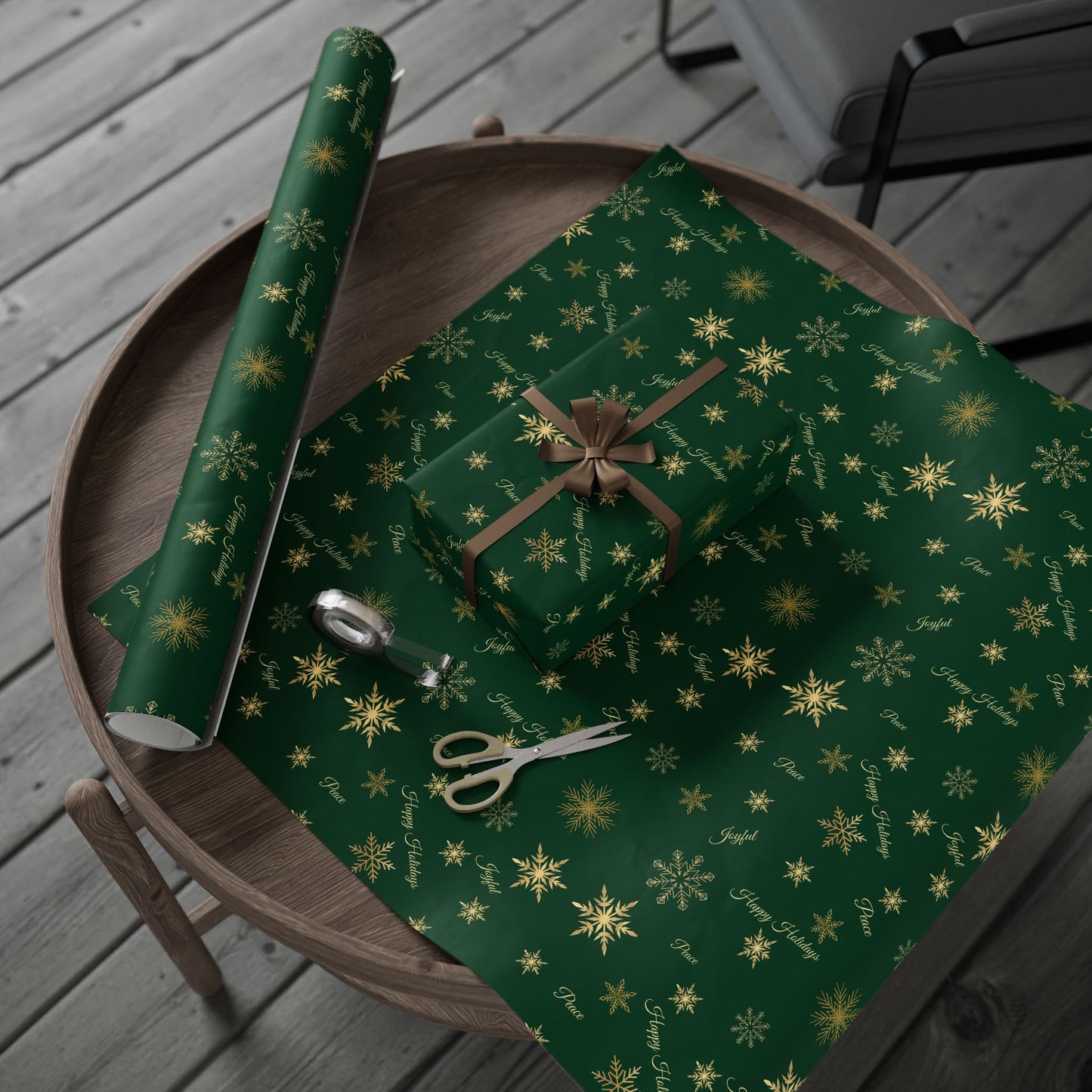 Elegant Green & Gold Holiday Wrapping Paper | Gold Snowflakes & Script Design | Luxury Christmas Gift Wrap