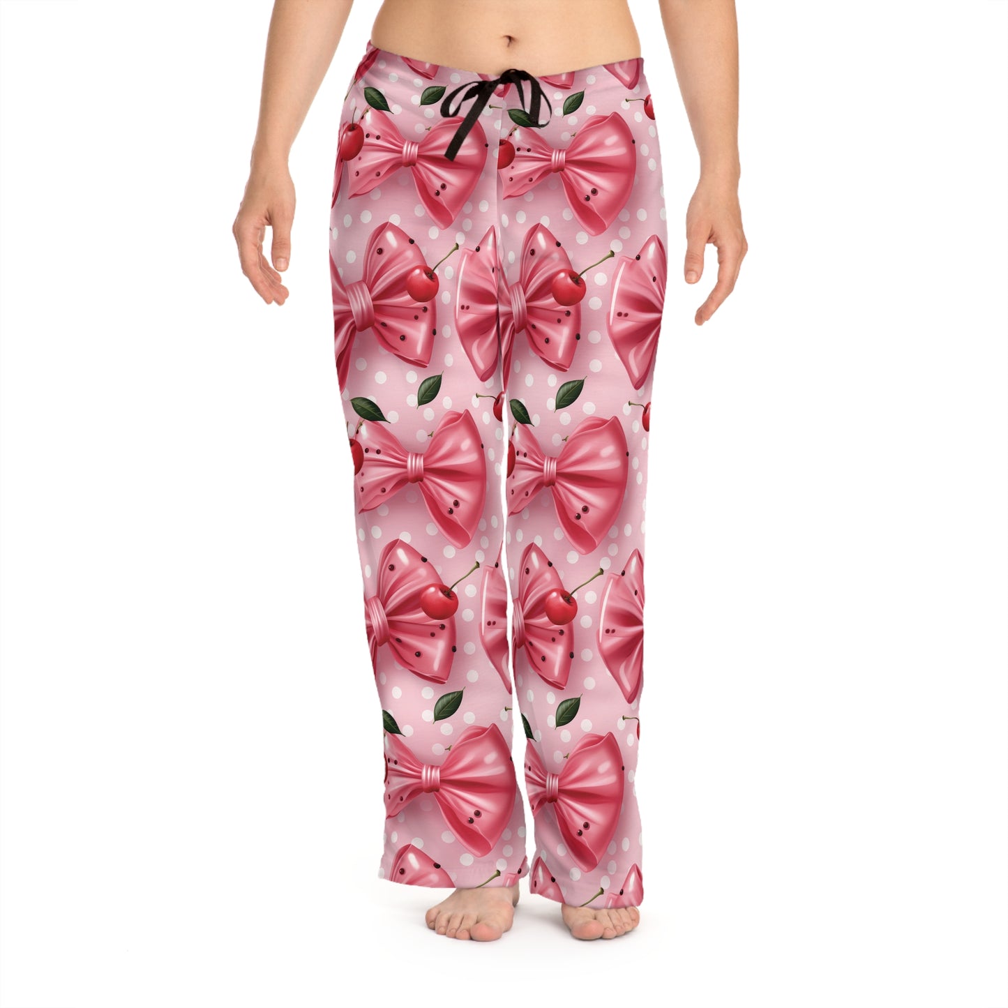 Cute Women's Pajama Pants with Pink Bows and Cherries - Cozy Sleepwear for Relaxation