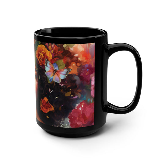 Floral Art Black Mug - 15oz Coffee Cup with Butterfly Design