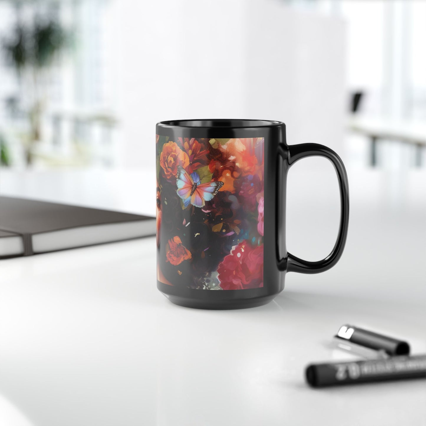 Floral Art Black Mug - 15oz Coffee Cup with Butterfly Design