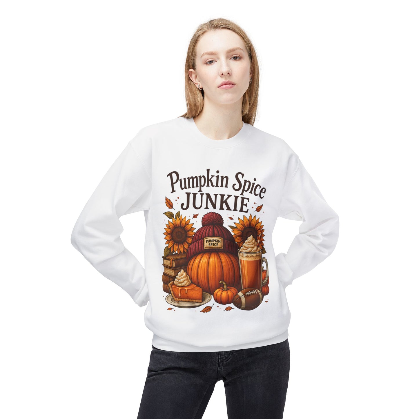 Pumpkin Spice Junkie Sweatshirt | Cozy Fall Crewneck | Harvest Themed Apparel | Perfect for Thanksgiving, Halloween, Autumn Fashion