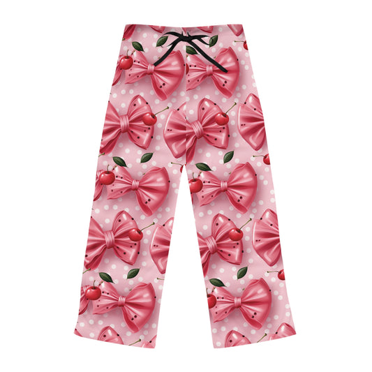 Cute Women's Pajama Pants with Pink Bows and Cherries - Cozy Sleepwear for Relaxation