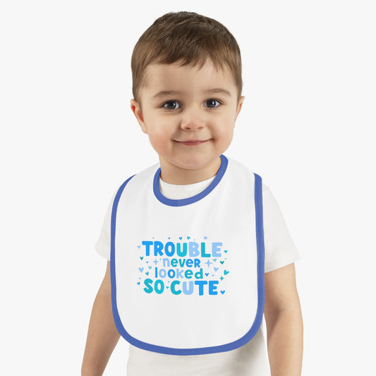 Trouble Never Looked So Cute baby bib. Contrast Trim Jersey Bib