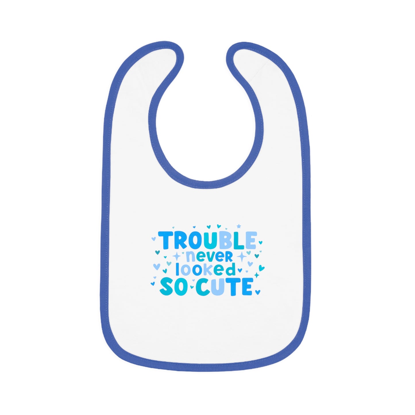 Trouble Never Looked So Cute baby bib. Contrast Trim Jersey Bib