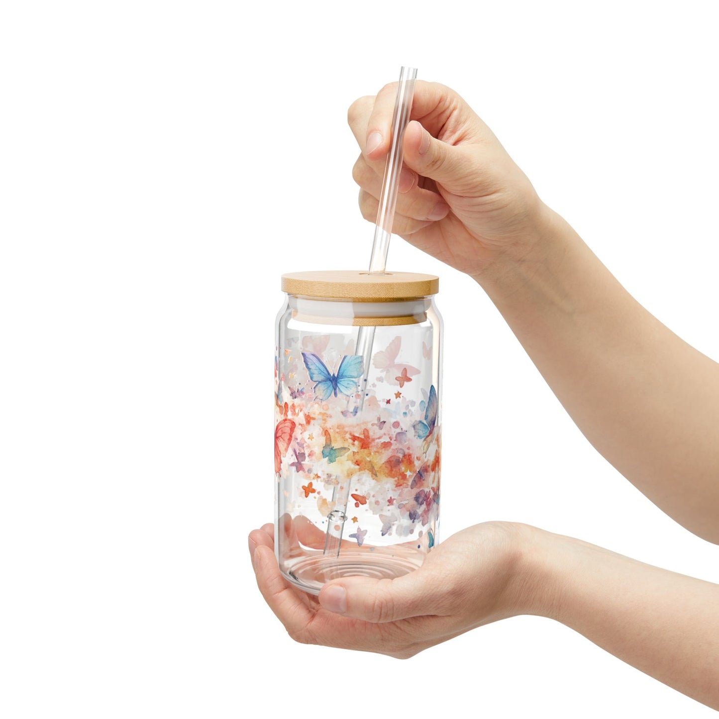Butterfly-Design Eco-Friendly 16oz Sipper Glass with Straw