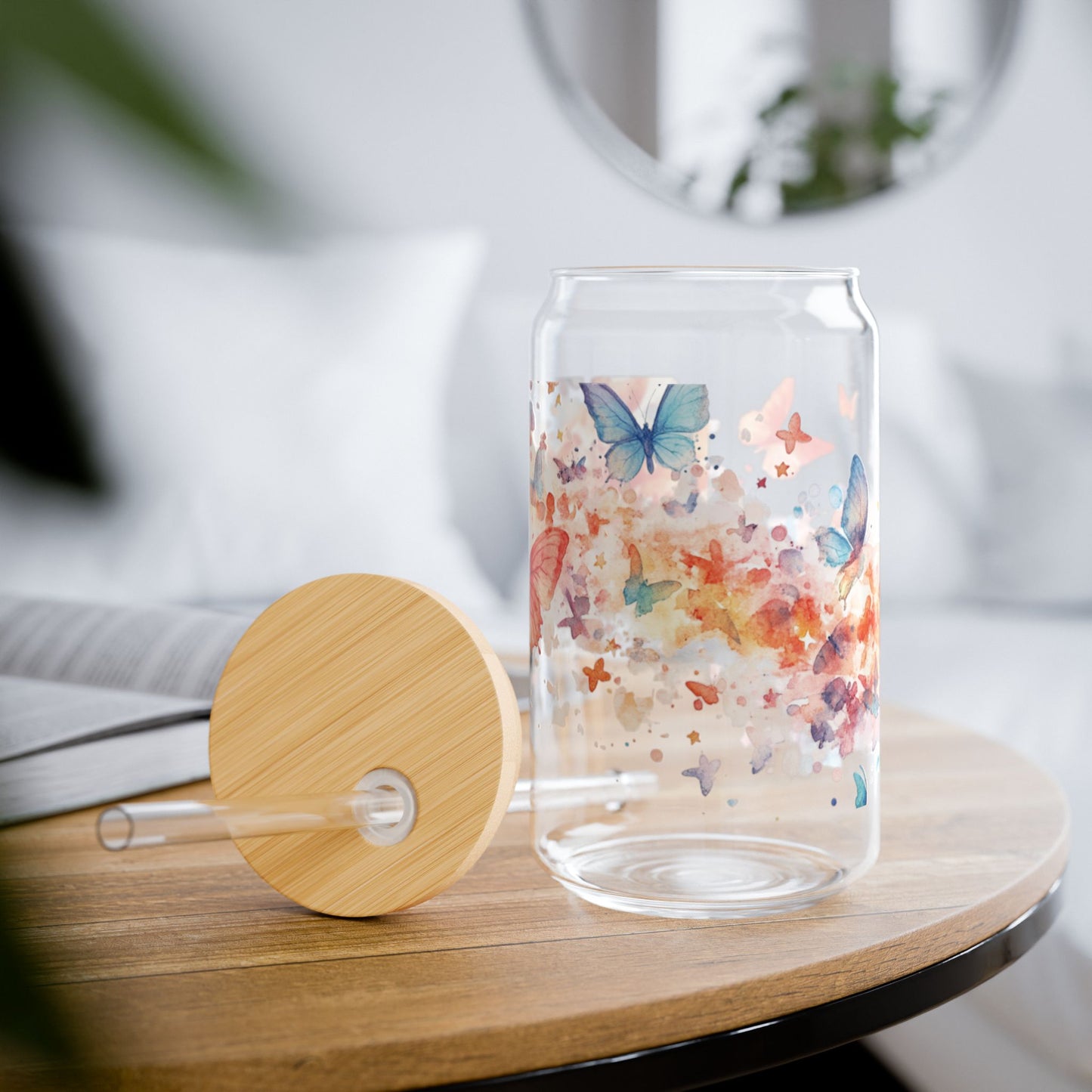 Butterfly-Design Eco-Friendly 16oz Sipper Glass with Straw