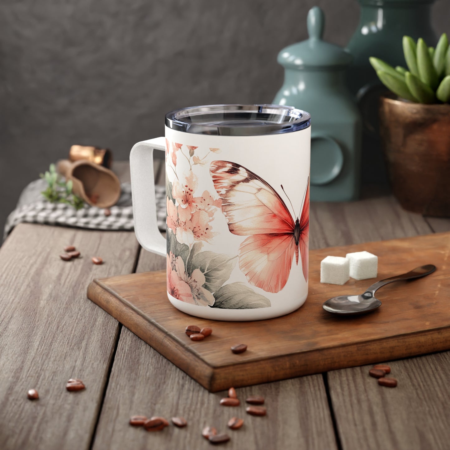 Floral Butterfly Insulated Coffee Mug | 10oz Travel Tumbler for Nature Lovers