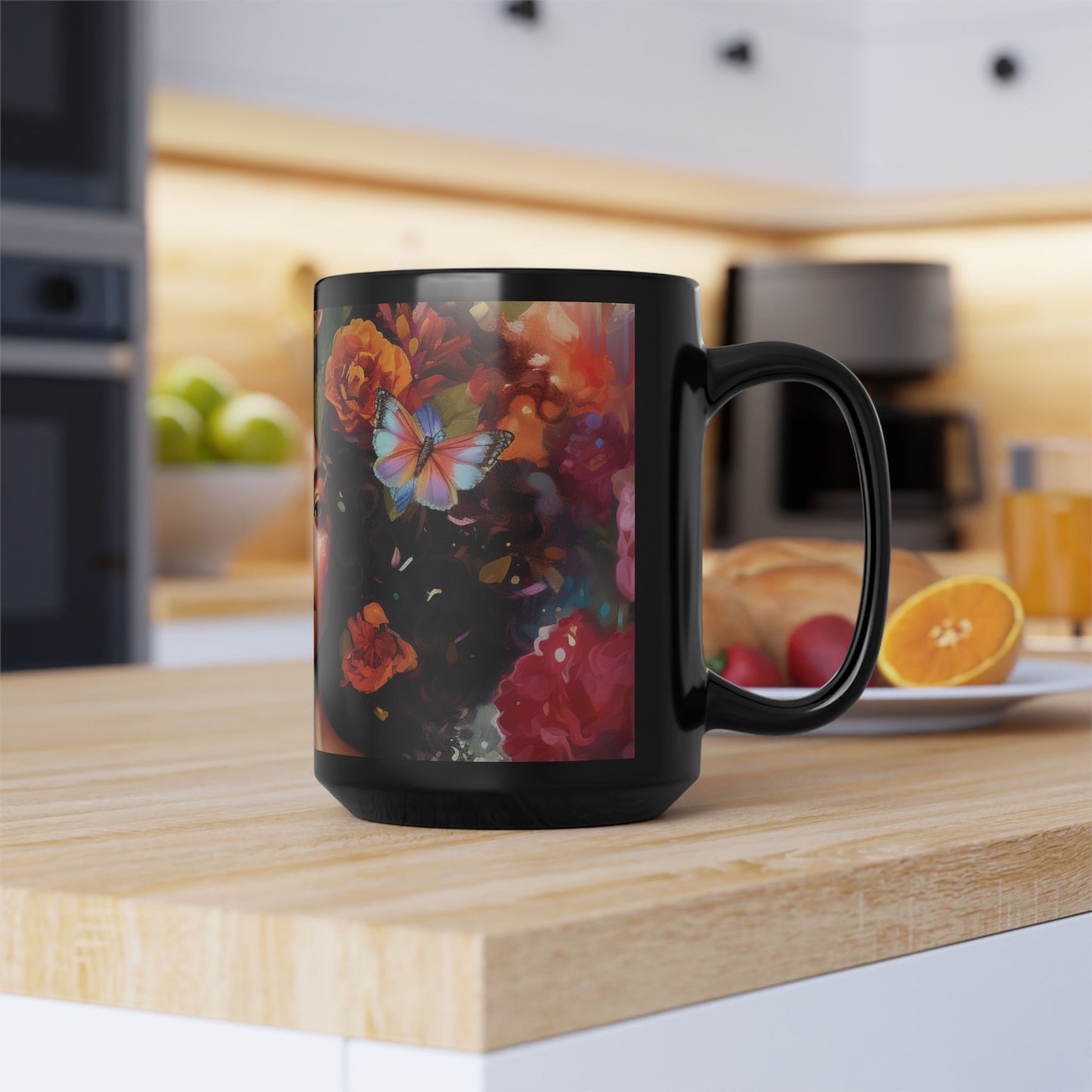 Floral Art Black Mug - 15oz Coffee Cup with Butterfly Design