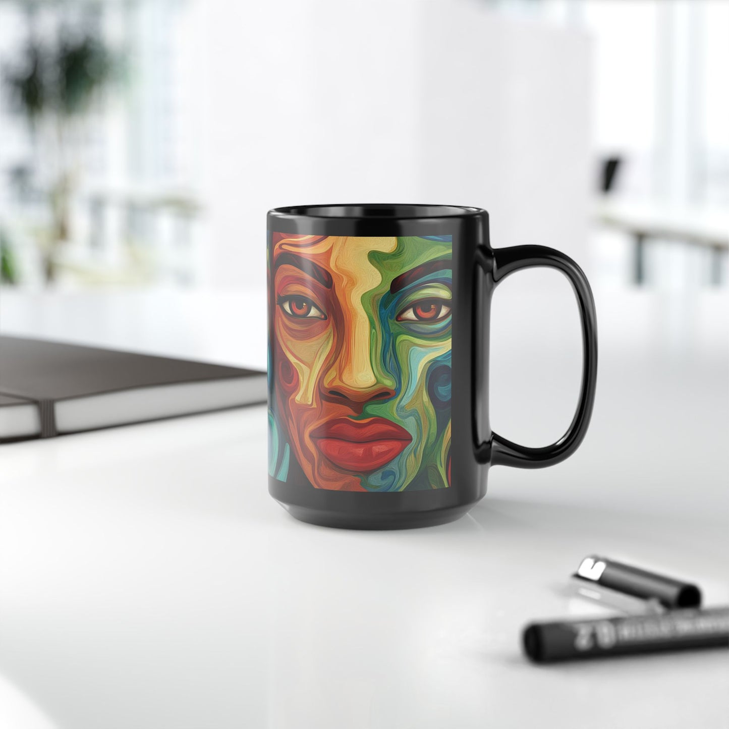 Artistic Black Mug – 15oz Colorful Face Design for Home or Office