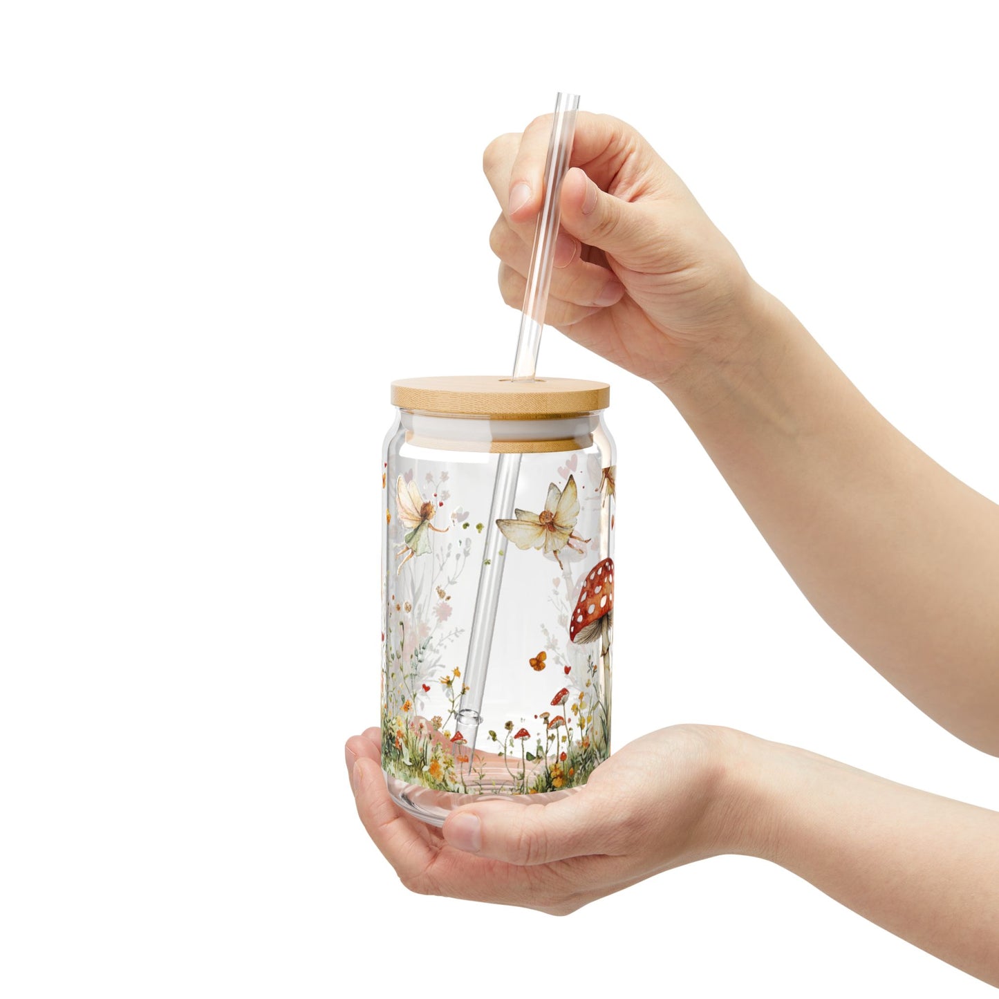 Whimsical Flower & Butterfly Sipper Glass - 16oz Eco-Friendly Drinkware with Bamboo Lid