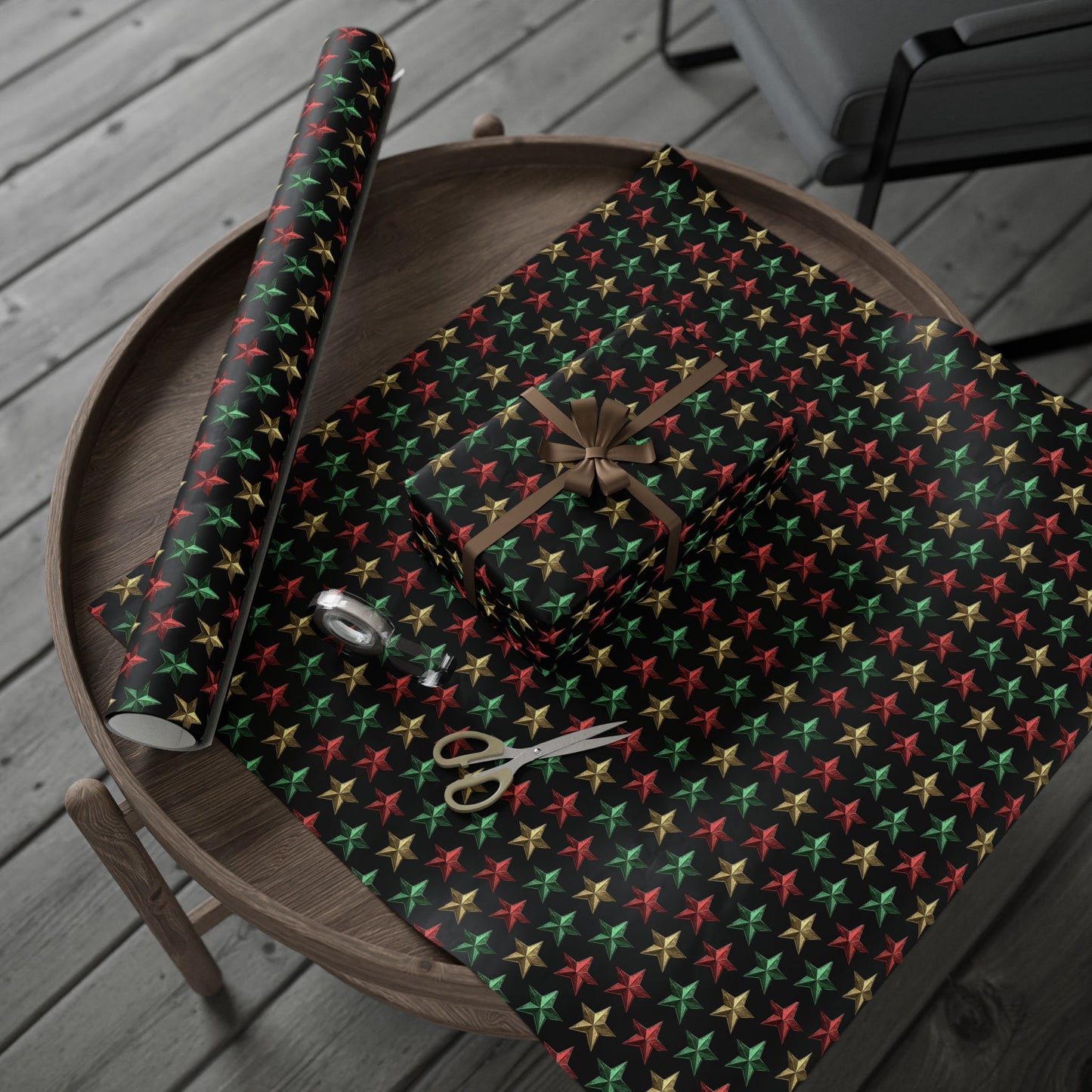 Metallic Star Holiday Wrapping Paper | Red, Green & Gold Stars on Black | Festive Christmas Gift Wrap