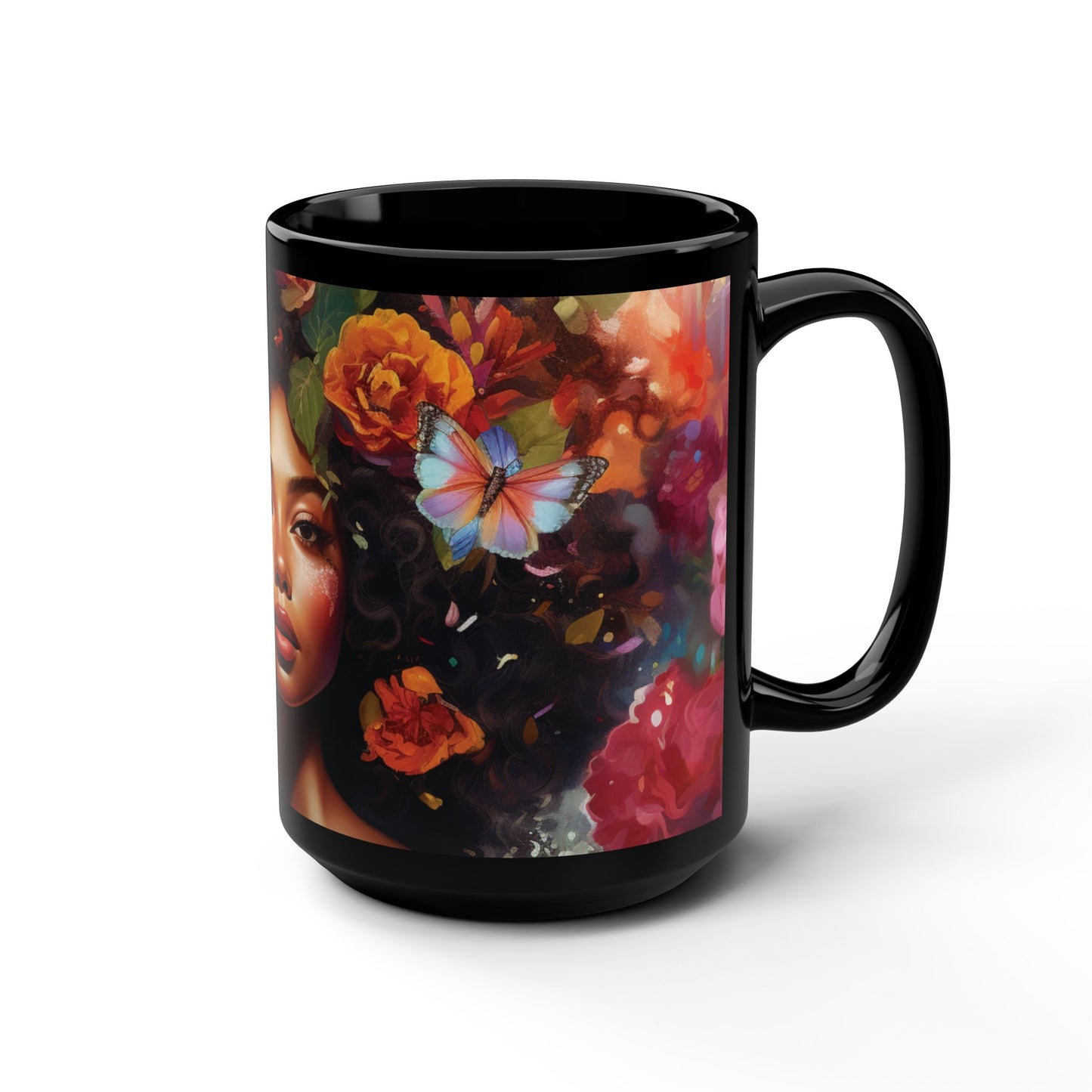 Floral Art Black Mug - 15oz Coffee Cup with Butterfly Design