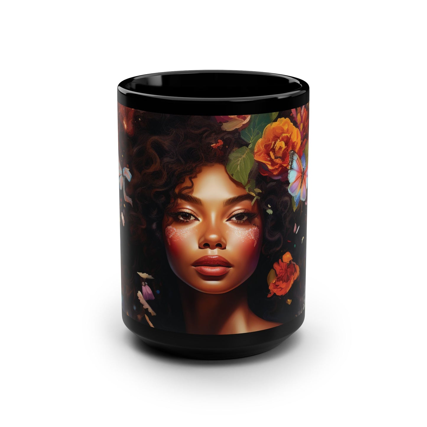 Floral Art Black Mug - 15oz Coffee Cup with Butterfly Design
