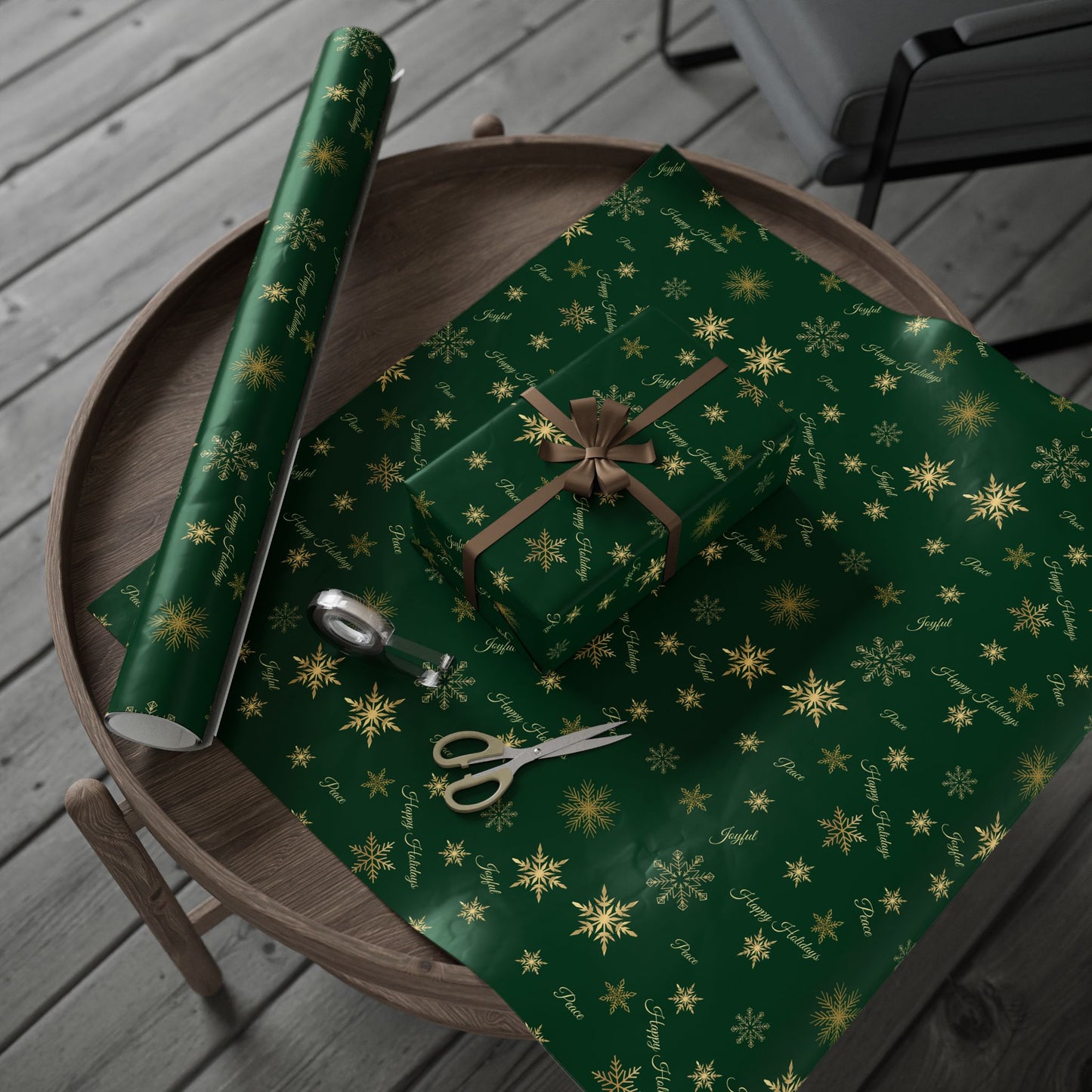 Elegant Green & Gold Holiday Wrapping Paper | Gold Snowflakes & Script Design | Luxury Christmas Gift Wrap