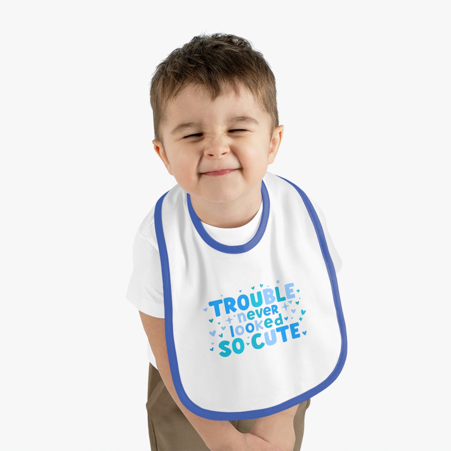 Trouble Never Looked So Cute baby bib. Contrast Trim Jersey Bib