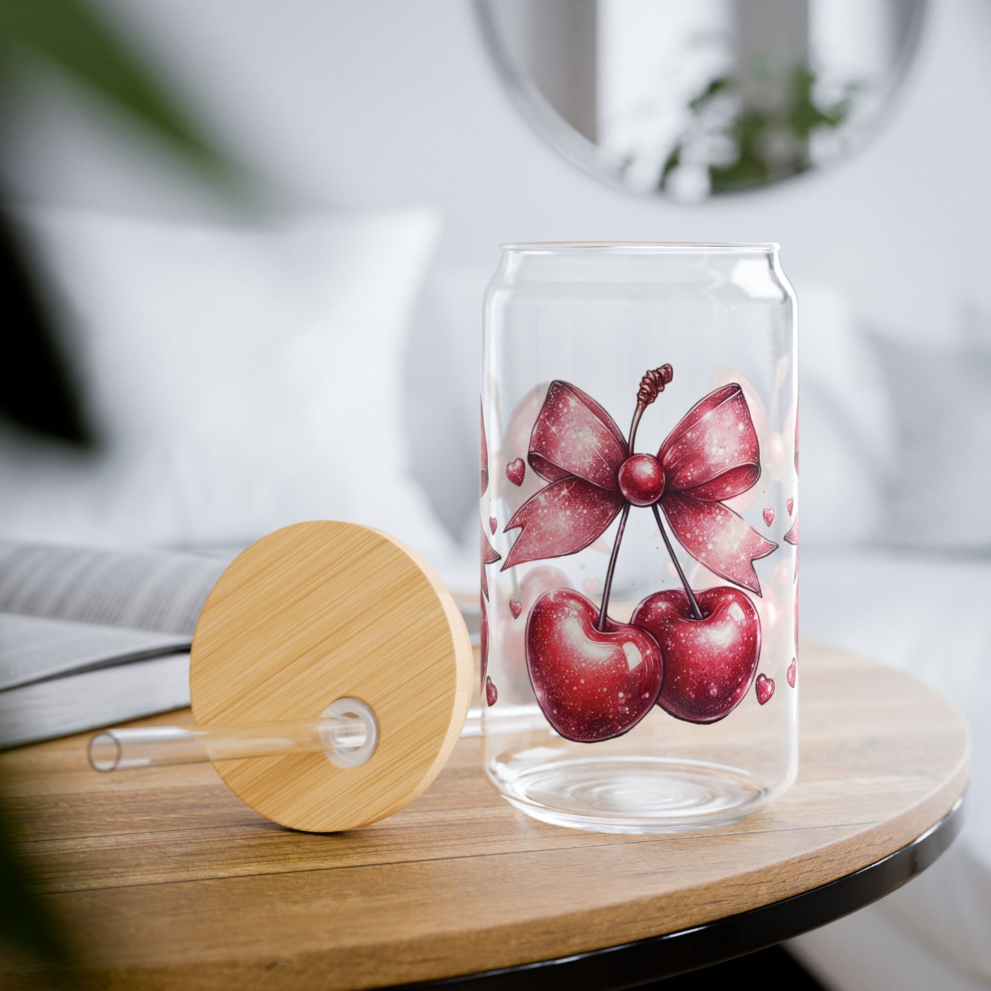 Cherry Bow Sipper Glass – 16oz Eco-Friendly Drink Container