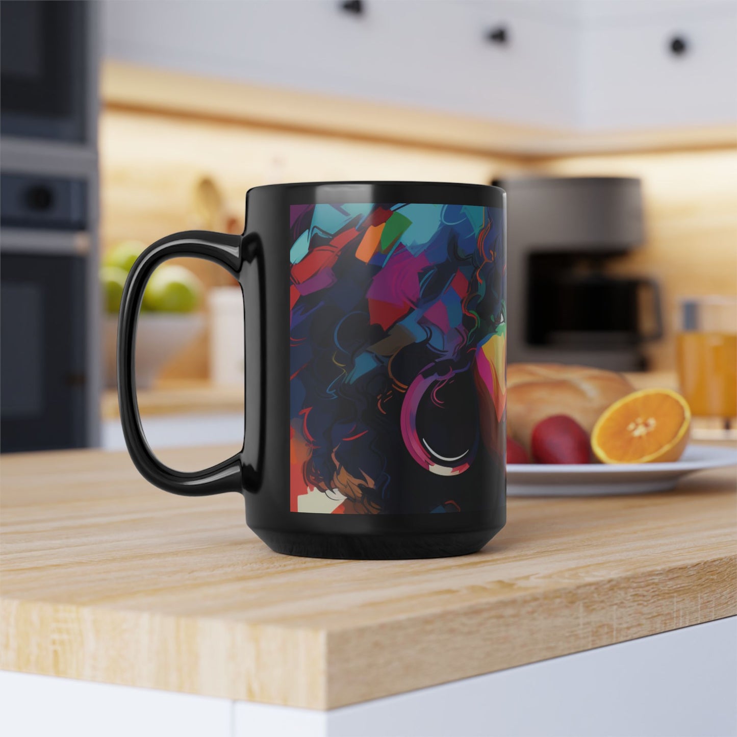 Vibrant Afrocentric 15oz Black Mug - Colorful Portrait Design
