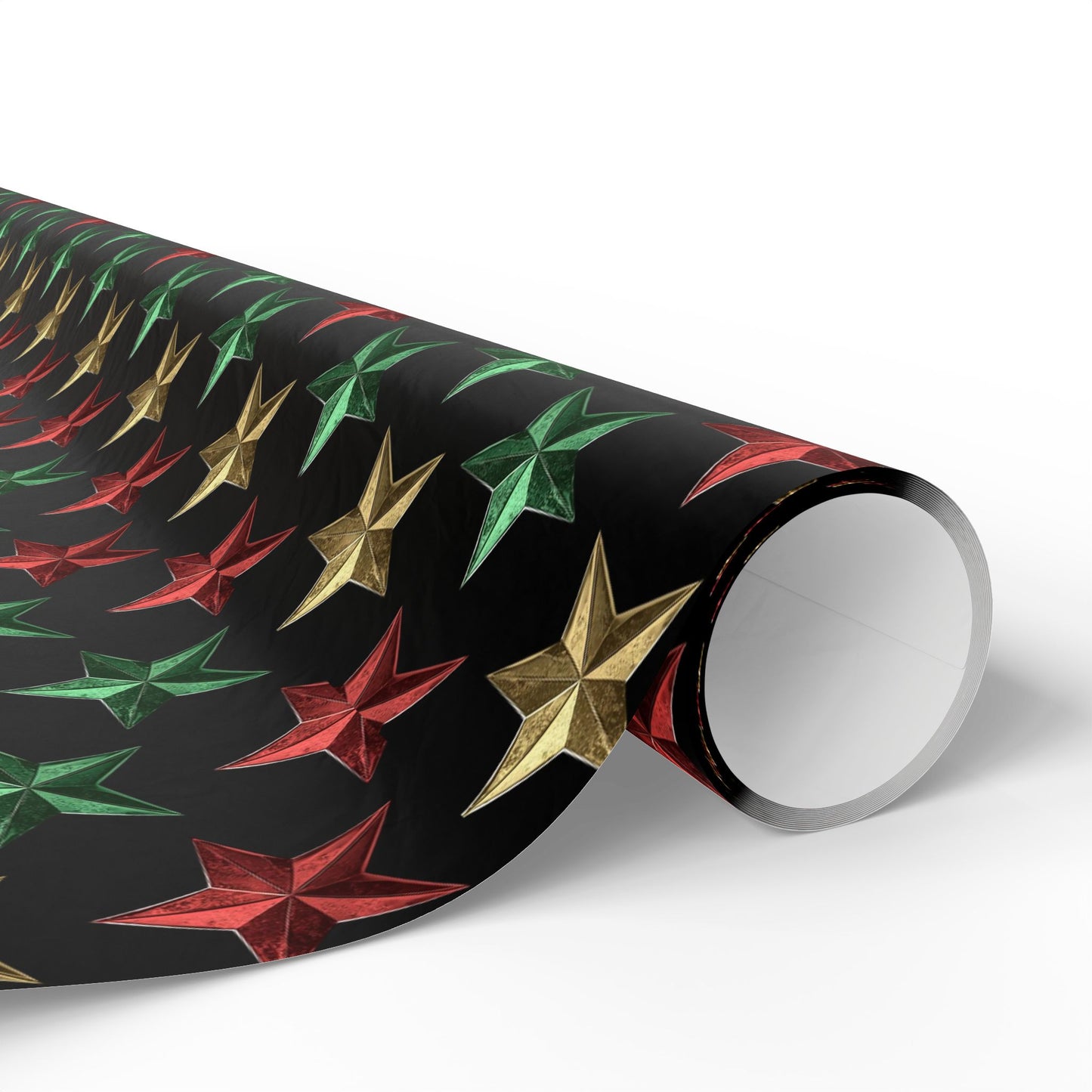 Metallic Star Holiday Wrapping Paper | Red, Green & Gold Stars on Black | Festive Christmas Gift Wrap