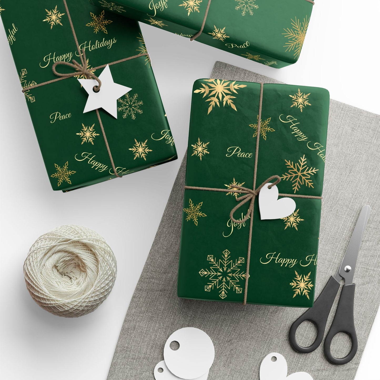 Elegant Green & Gold Holiday Wrapping Paper | Gold Snowflakes & Script Design | Luxury Christmas Gift Wrap
