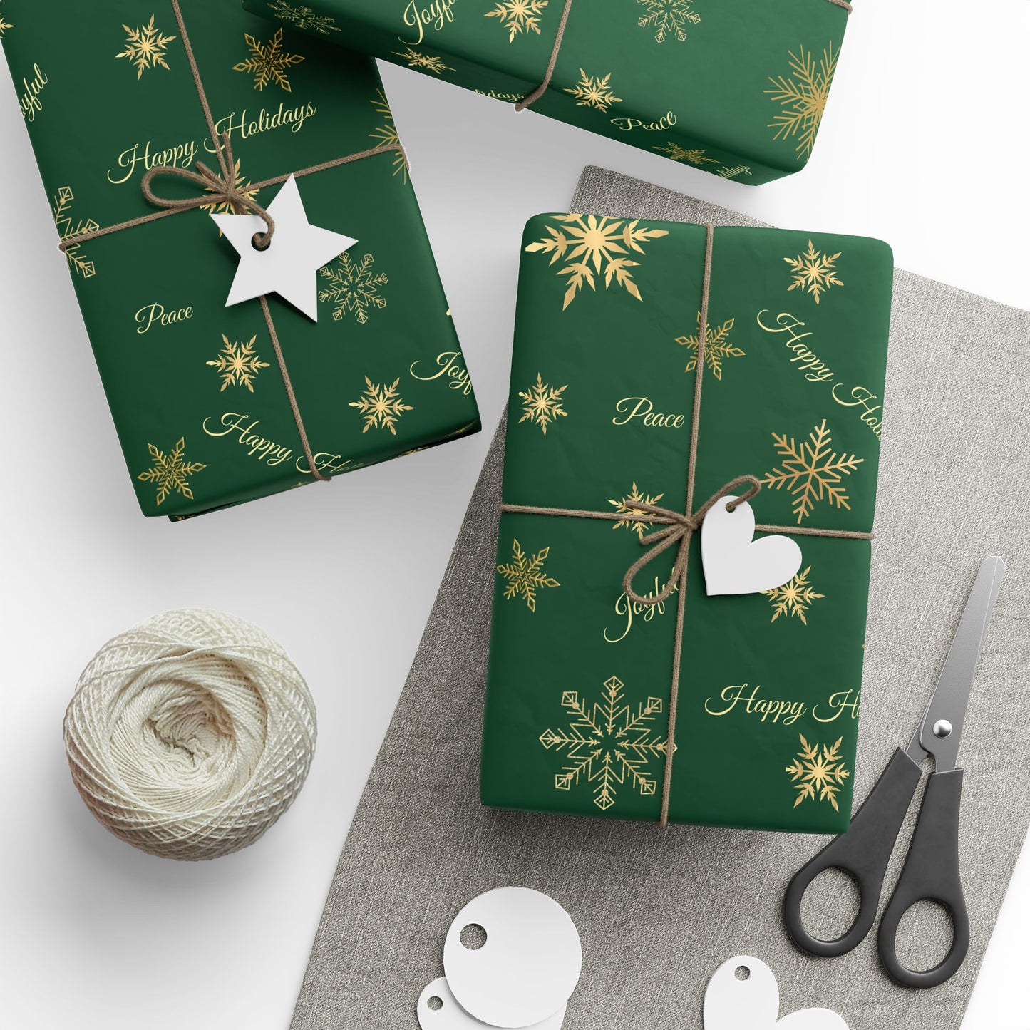 Elegant Green & Gold Holiday Wrapping Paper | Gold Snowflakes & Script Design | Luxury Christmas Gift Wrap