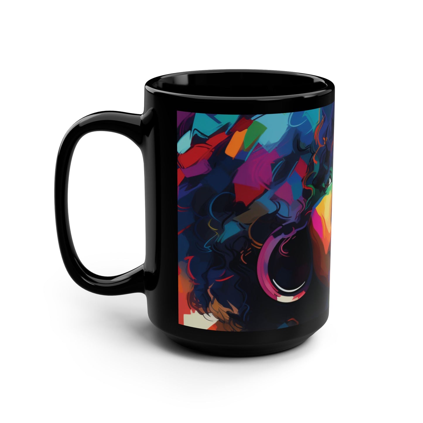 Vibrant Afrocentric 15oz Black Mug - Colorful Portrait Design