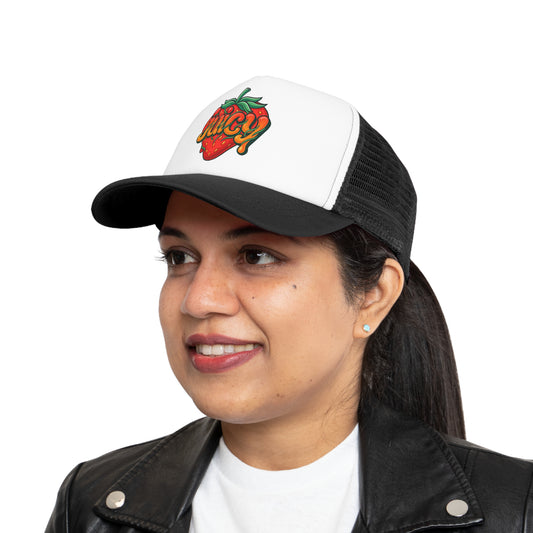 Unisex mesh trucker hat with "juicy" strawberry graphic on the front, casual summer cap