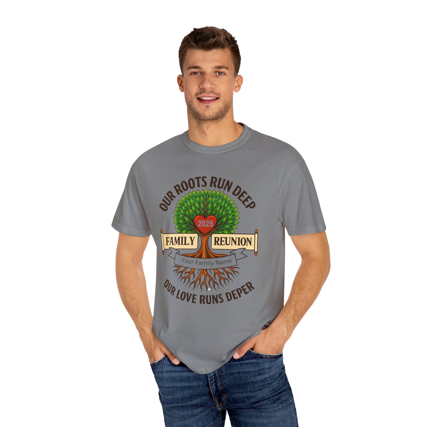 Family Reunion T-Shirt, Unisex Garment-Dyed Tee, Family Heritage Gift, Roots and Love Graphic Shirt, Personalized Gathering Apparel
