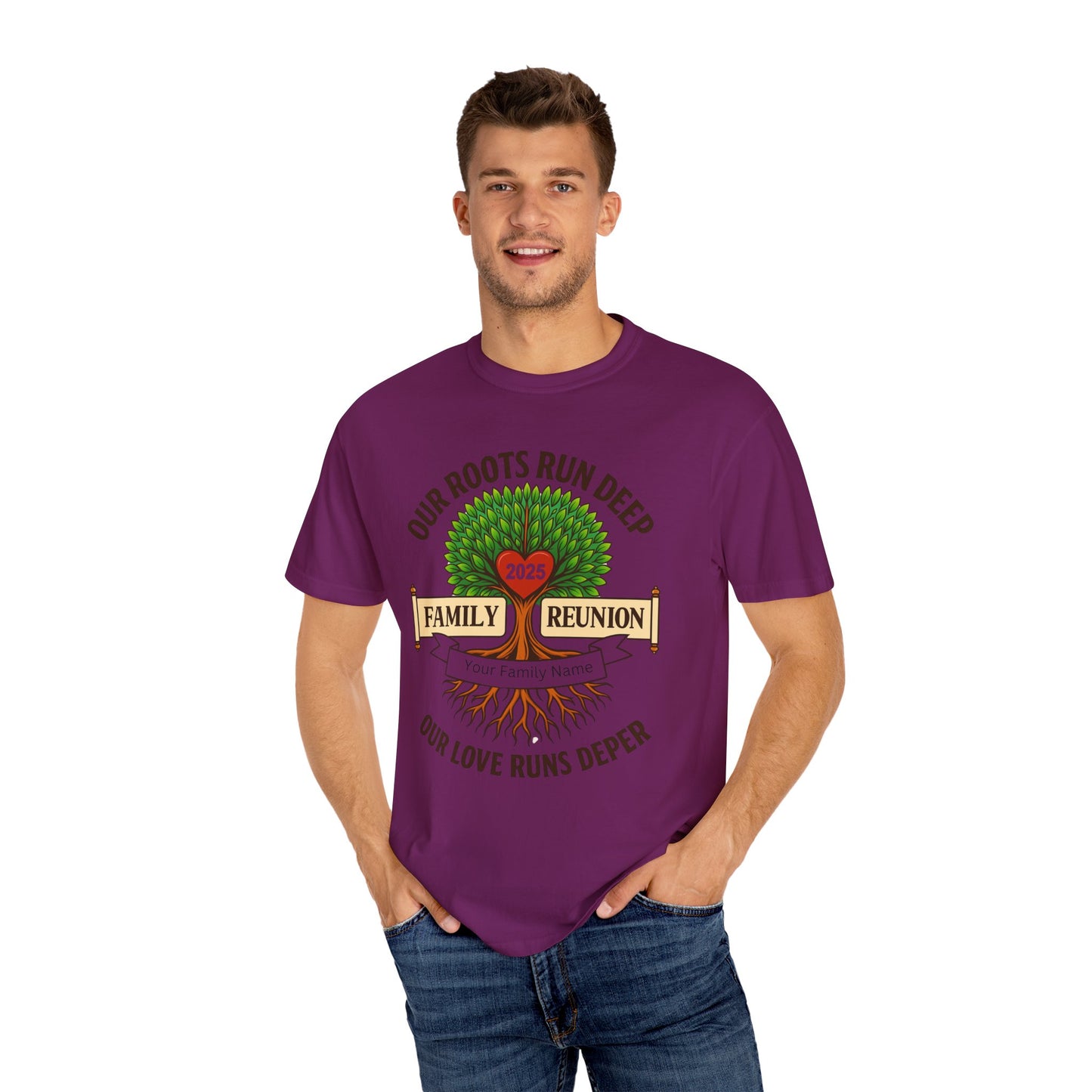 Family Reunion T-Shirt, Unisex Garment-Dyed Tee, Family Heritage Gift, Roots and Love Graphic Shirt, Personalized Gathering Apparel