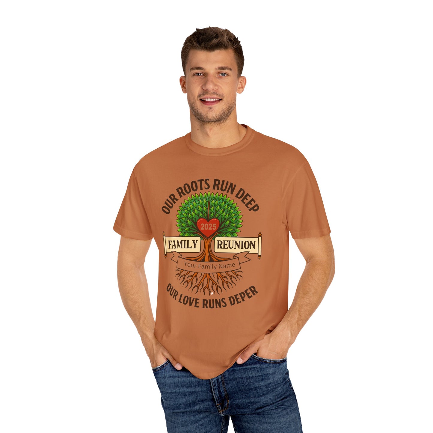 Family Reunion T-Shirt, Unisex Garment-Dyed Tee, Family Heritage Gift, Roots and Love Graphic Shirt, Personalized Gathering Apparel