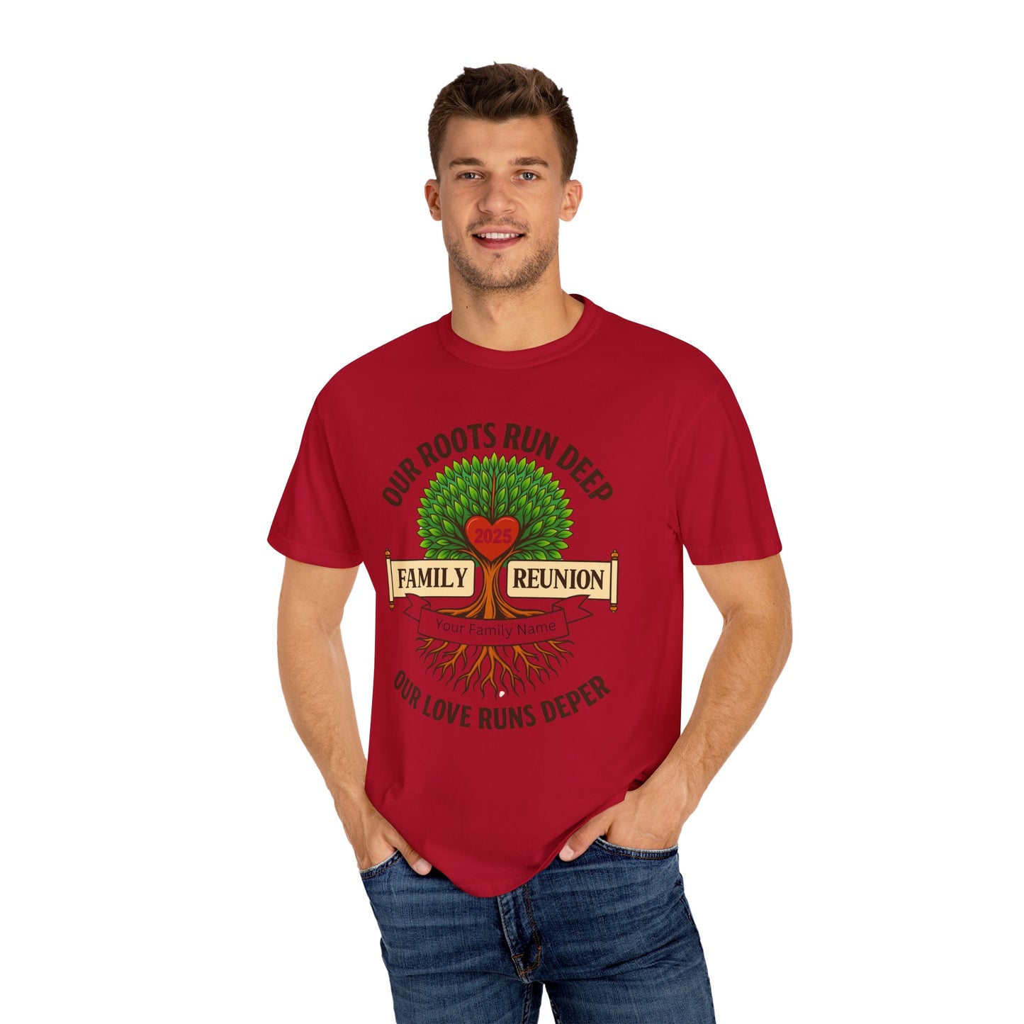Family Reunion T-Shirt, Unisex Garment-Dyed Tee, Family Heritage Gift, Roots and Love Graphic Shirt, Personalized Gathering Apparel