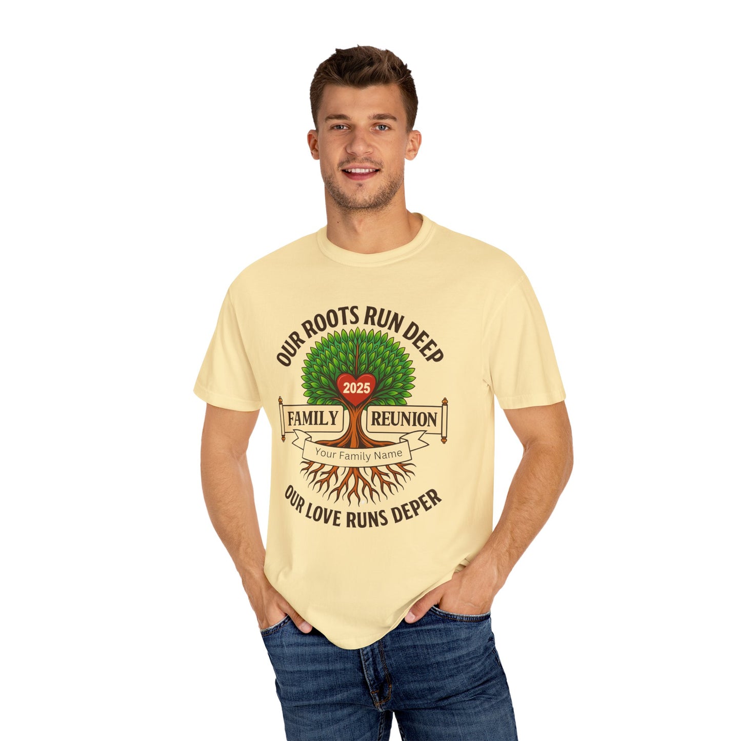 Family Reunion T-Shirt, Unisex Garment-Dyed Tee, Family Heritage Gift, Roots and Love Graphic Shirt, Personalized Gathering Apparel