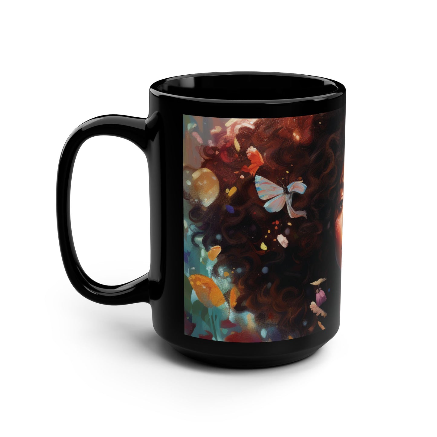 Floral Art Black Mug - 15oz Coffee Cup with Butterfly Design