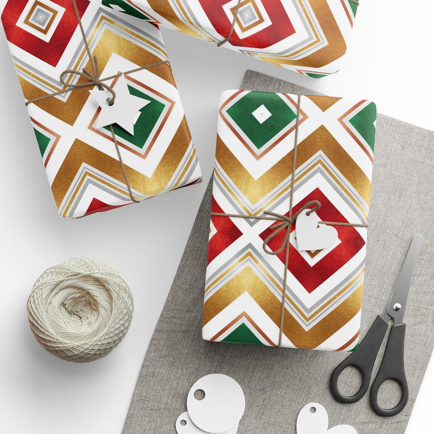 Retro Geometric Holiday Wrapping Paper | Red, Green & Gold Diamond Pattern | Modern Christmas Gift Wrap