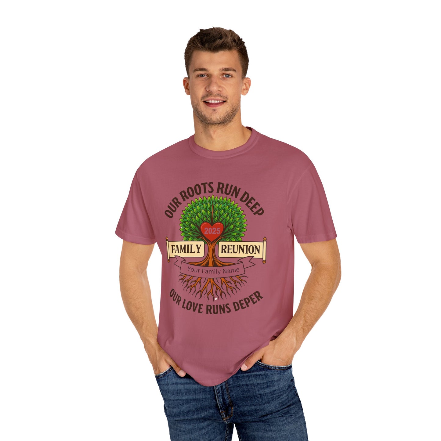 Family Reunion T-Shirt, Unisex Garment-Dyed Tee, Family Heritage Gift, Roots and Love Graphic Shirt, Personalized Gathering Apparel