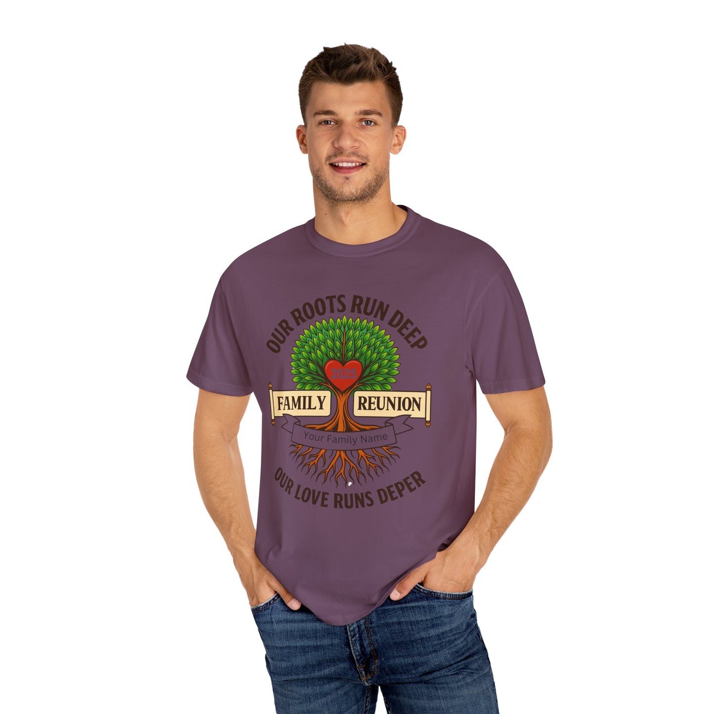 Family Reunion T-Shirt, Unisex Garment-Dyed Tee, Family Heritage Gift, Roots and Love Graphic Shirt, Personalized Gathering Apparel