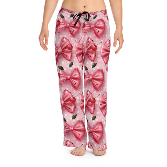 Cute Women's Pajama Pants with Pink Bows and Cherries - Cozy Sleepwear for Relaxation