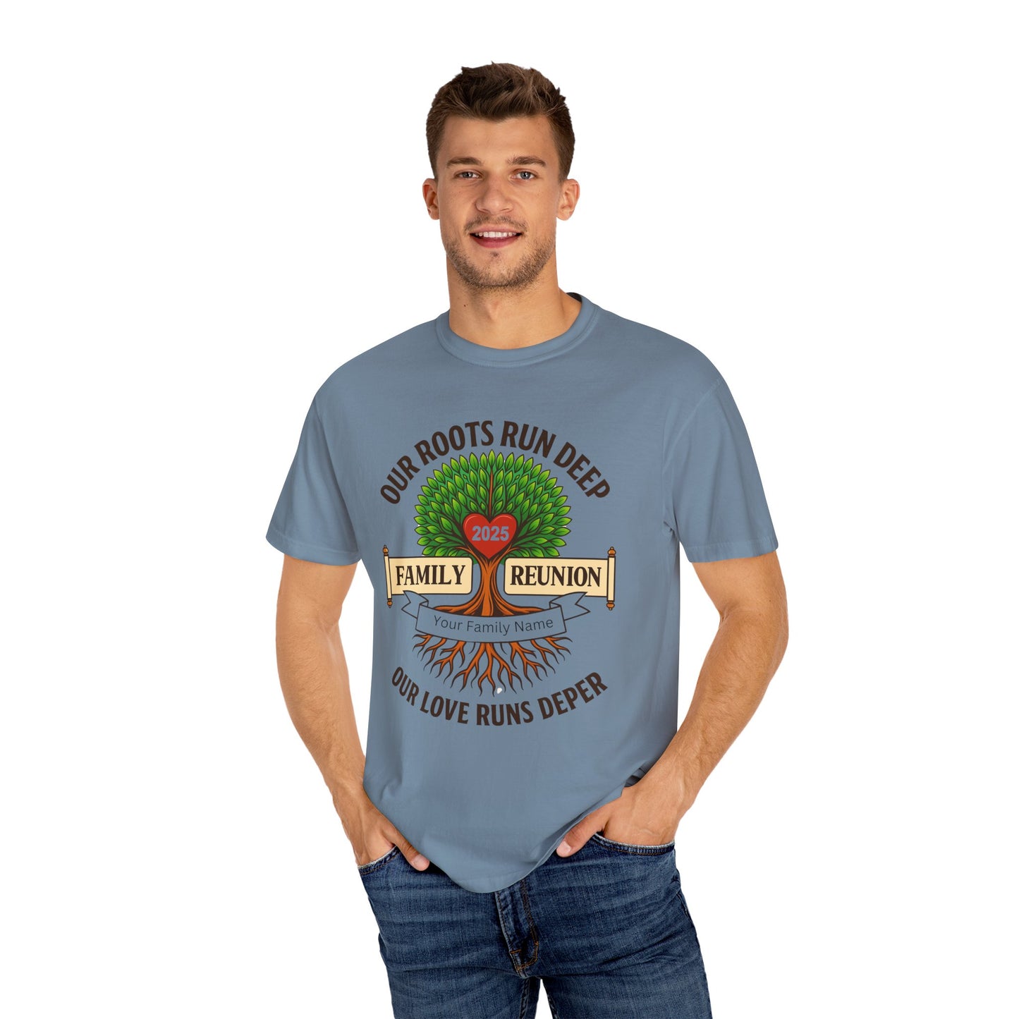 Family Reunion T-Shirt, Unisex Garment-Dyed Tee, Family Heritage Gift, Roots and Love Graphic Shirt, Personalized Gathering Apparel