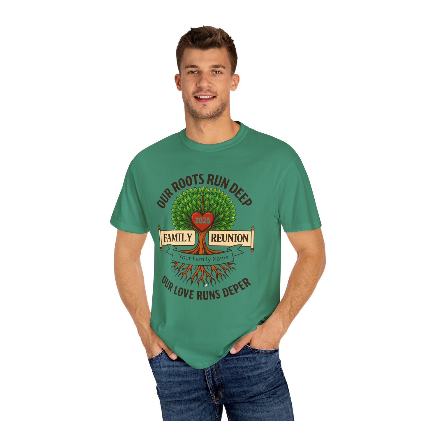 Family Reunion T-Shirt, Unisex Garment-Dyed Tee, Family Heritage Gift, Roots and Love Graphic Shirt, Personalized Gathering Apparel