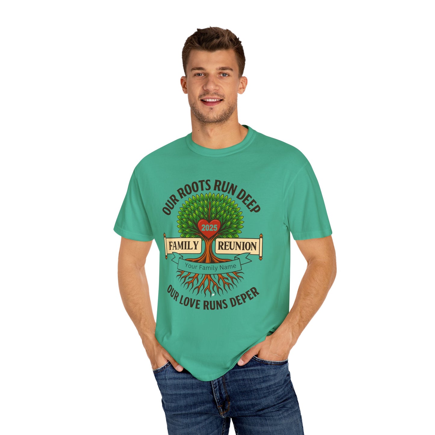 Family Reunion T-Shirt, Unisex Garment-Dyed Tee, Family Heritage Gift, Roots and Love Graphic Shirt, Personalized Gathering Apparel