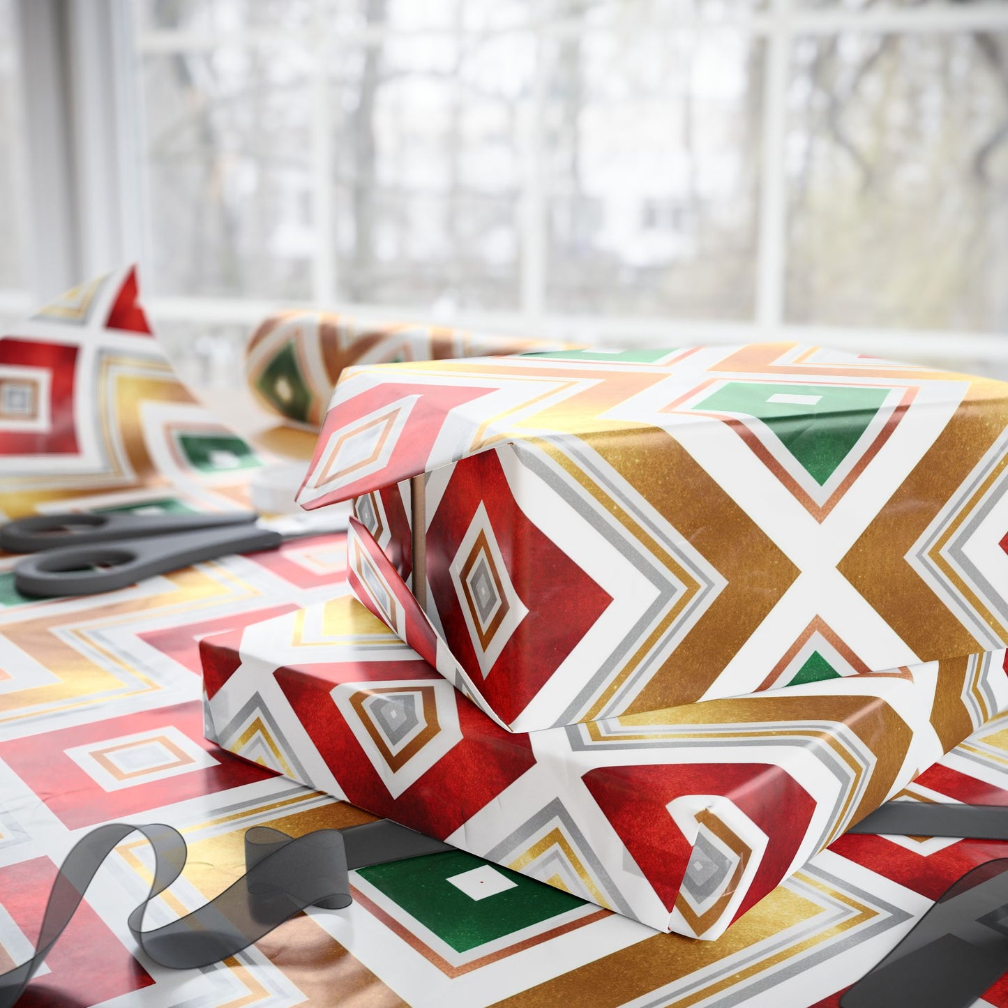Retro Geometric Holiday Wrapping Paper | Red, Green & Gold Diamond Pattern | Modern Christmas Gift Wrap