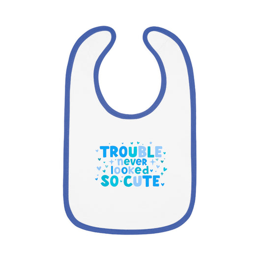 Trouble Never Looked So Cute  baby bib.  Contrast Trim Jersey Bib