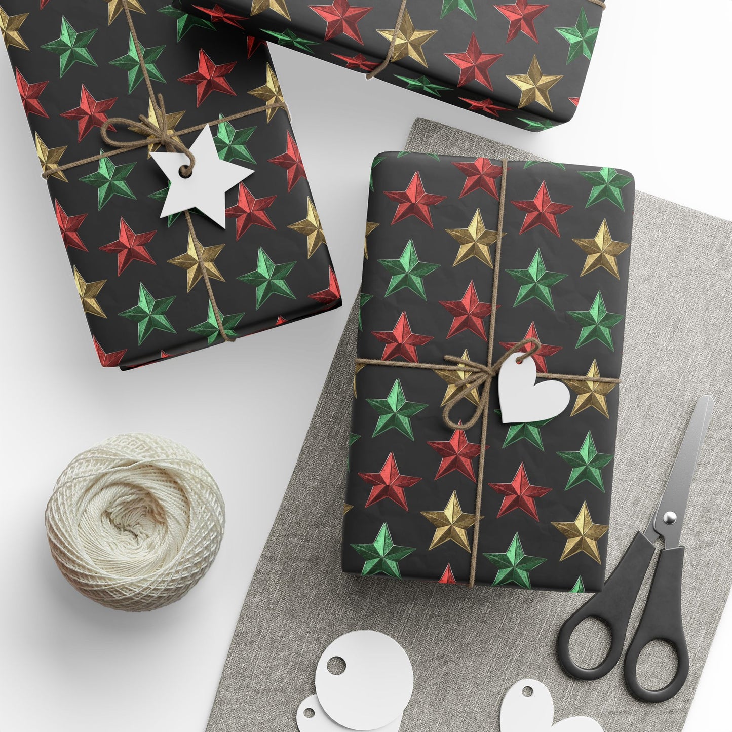 Metallic Star Holiday Wrapping Paper | Red, Green & Gold Stars on Black | Festive Christmas Gift Wrap